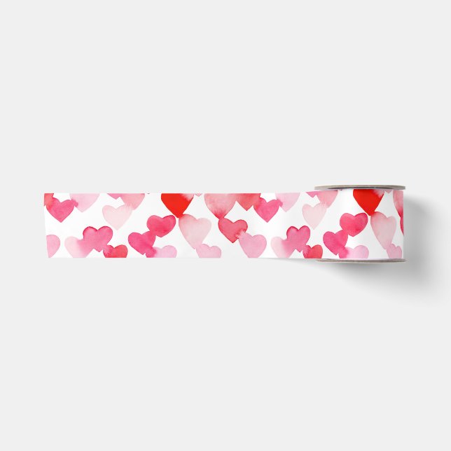 Ruban En Satin Saint Valentin Coeurs d'aquarelle rouge et rose (Devant)