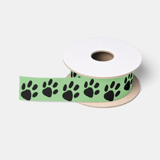Ruban En Satin Simple Empreinte de patte noir sur vert (Bobine)