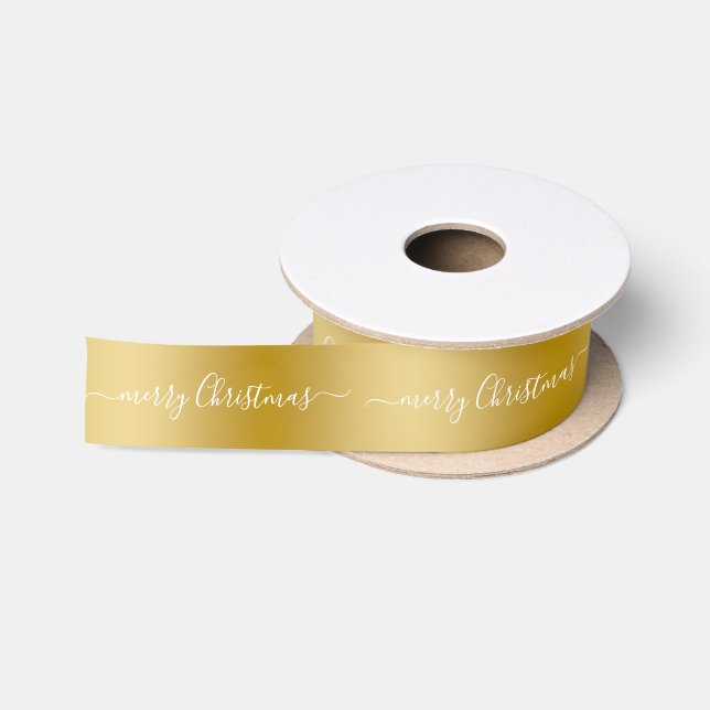 Ruban En Satin Simple Gold Background Merry Christmas Whte Tex (Bobine)
