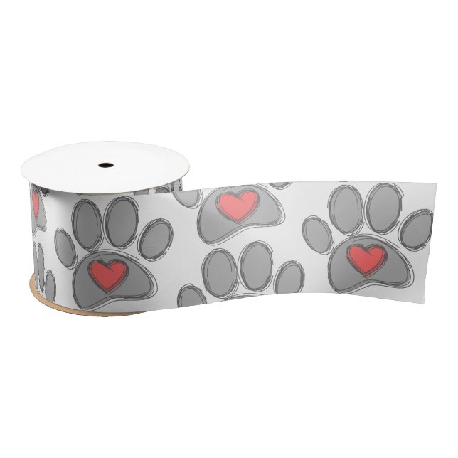 Ruban En Satin Sketch Chien Paw Red Heart Art (Bobine)