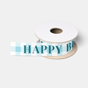 Ruban En Satin Sky Blue En vichy Plaid Navy Texte Joyeux Annivers