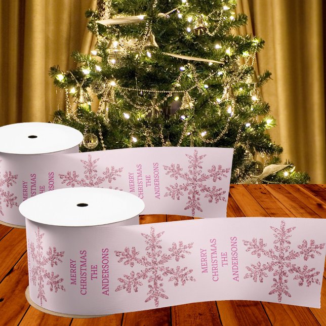 Ruban En Satin Snowflake Pink Glam Élégant Noël tendance (Add your text to this glam faux glitter pink snowflake ribbon and add a designer touch to your gifts)