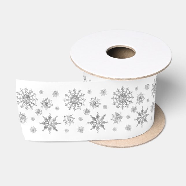 Ruban En Satin Snowflakes Motif En Gris Argent (Bobine)