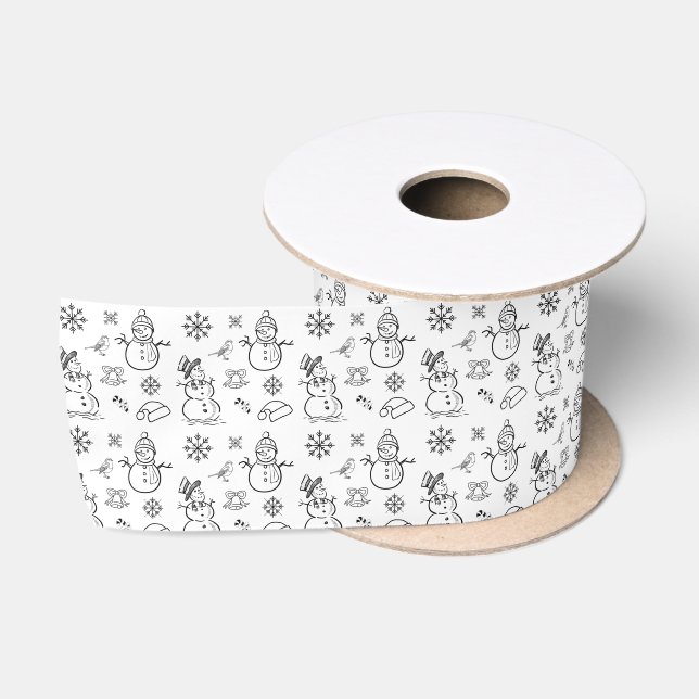 Ruban En Satin Snowman Black White Noël festif hiver (Bobine)