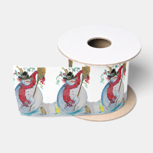 RUBAN EN SATIN SNOWMAN BLANCHI AVEC OISEAUX SALUTATIONS D'HIVER