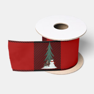 Ruban En Satin Snowman et cerf sur ruban satiné plaid