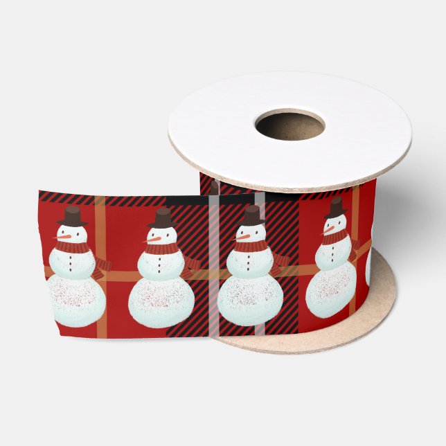 Ruban En Satin Snowman sur Tartan Plaid (Bobine)