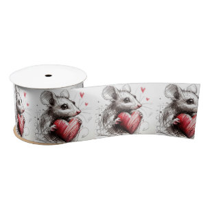 Ruban En Satin Souris avec croquis de coeur rouge