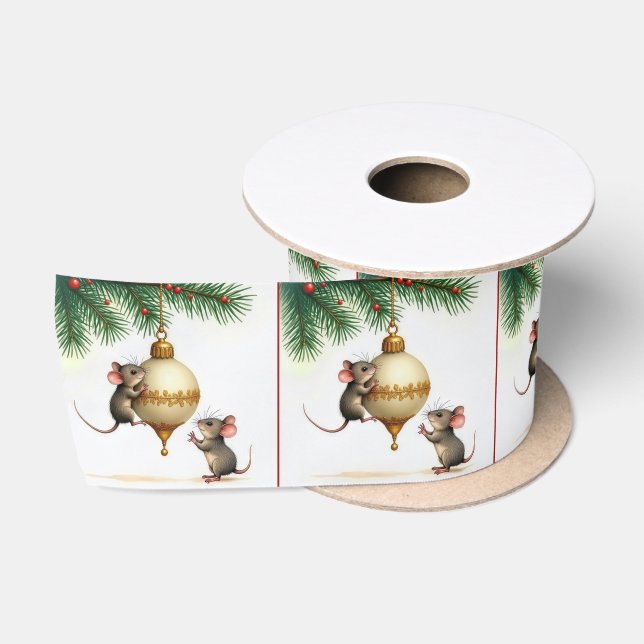 Ruban En Satin Souris Avec Ornement De Noël Or (Bobine)