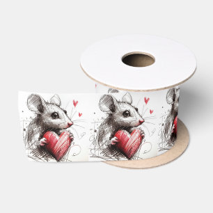 Ruban En Satin Souris avec un croquis de cœur rouge