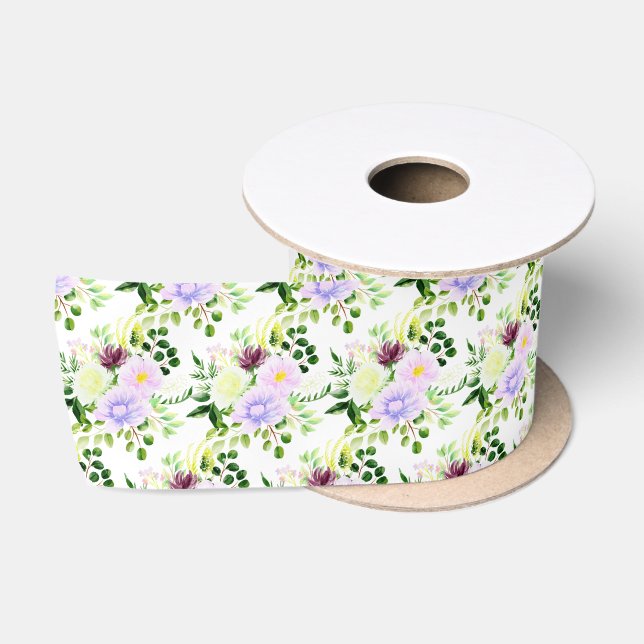 Ruban En Satin Spring Purple Flowers with Foliage (Bobine)