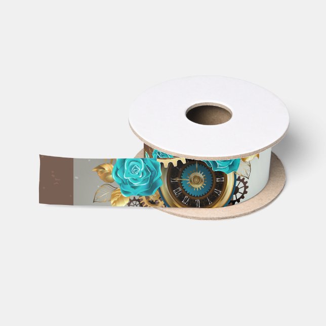 Ruban En Satin Steampunk Clock and Turquoise Roses on Striped (Bobine)