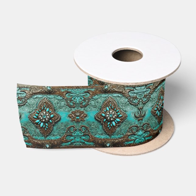 Ruban En Satin Sud Turquoise Brown Pays Ouest Floral (Bobine)