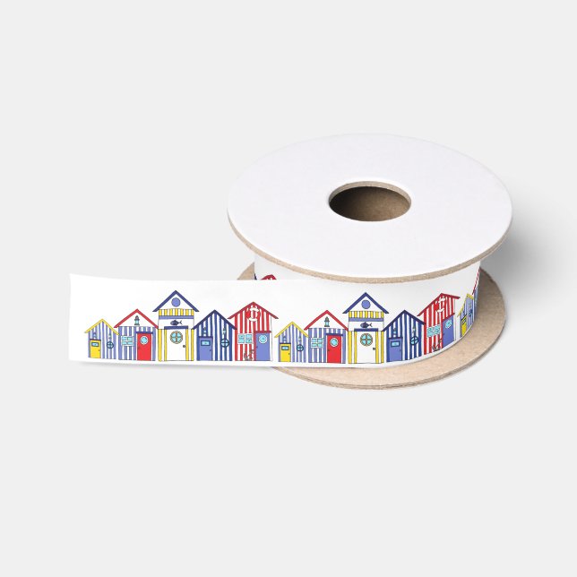 Ruban En Satin Summer Beach Huts Motif côtier (Bobine)