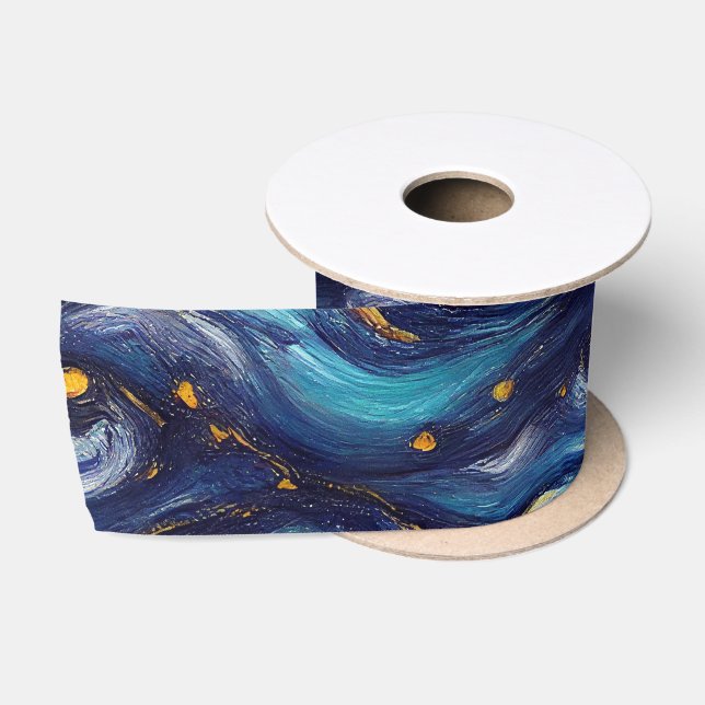 Ruban En Satin Superbe aquarelle bleu étoile peint nuit (Bobine)
