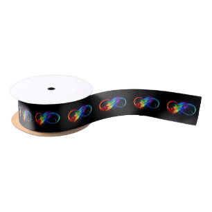 Ruban En Satin Symbole d'infini avec plume arc-en-ciel