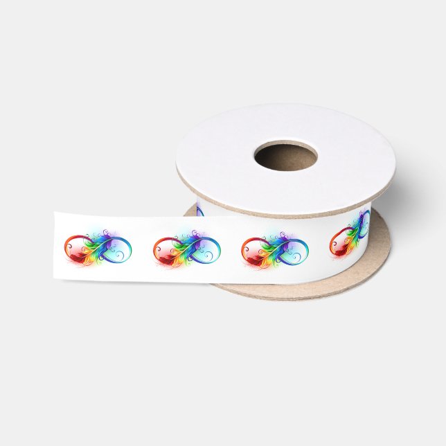 Ruban En Satin Symbole d'infini avec plume arc-en-ciel (Bobine)