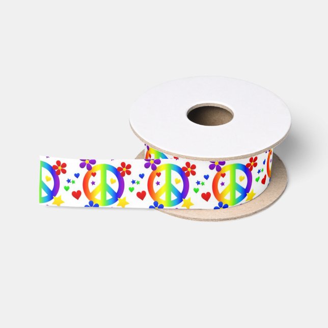 RUBAN EN SATIN SYMBOLE HIPPIE TIE DYE AIVE PEACE (Bobine)