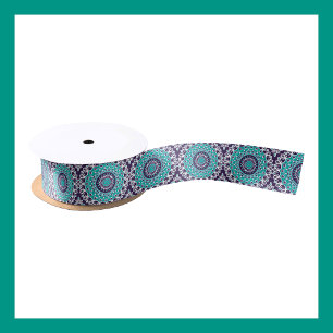 Ruban En Satin Symétrie géométrique turquoise et violette Mandala