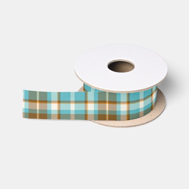 Ruban En Satin Tartan Motif Turquoise et Gold ID210 (Bobine)