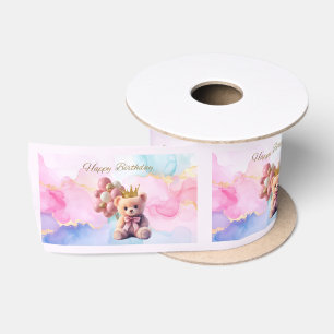 Ruban En Satin Teddy Bear Pink Bow Gold Crown Joyeux anniversaire