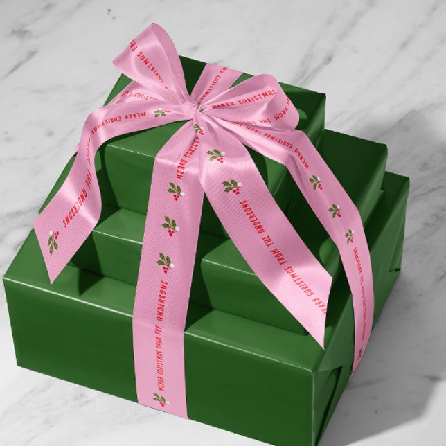Ruban En Satin Texte personnalisé rose avec Holly Sprigs Holiday (pink personalized Christmas text and name holiday gift ribbon with holly leaf and berries)