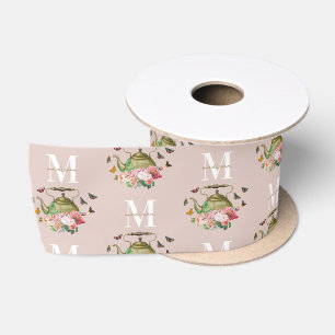 Ruban En Satin Théière Party Fleurs Roses et Papillons Monogramme