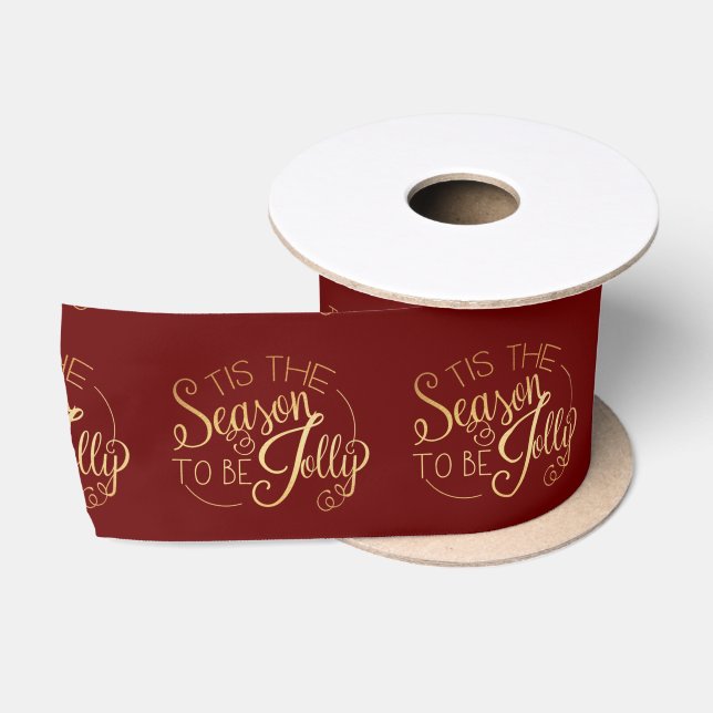 Ruban En Satin "Tis Season" Red Gold Script Holiday Festive (Bobine)