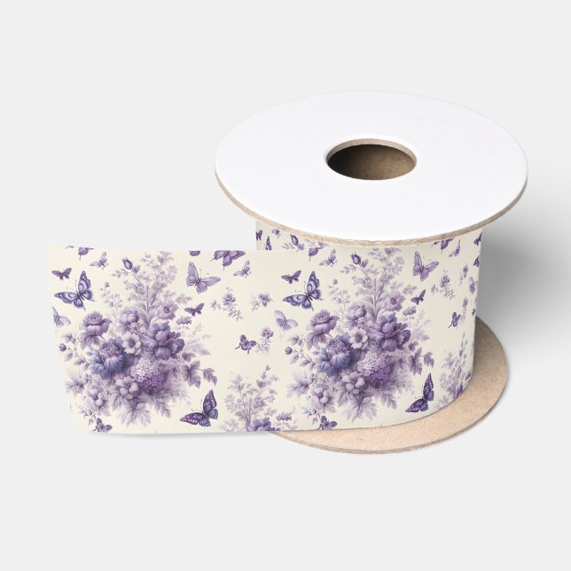 Ruban En Satin Toile de France Fleurie Papillons pourpres (Bobine)