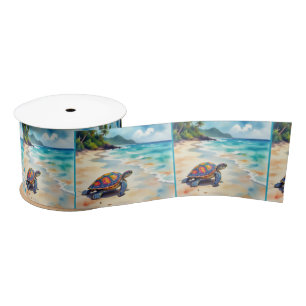 Ruban En Satin Tortue de mer à l'aquarelle sur une plage