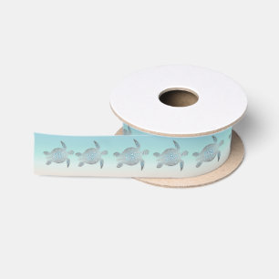 Ruban En Satin Tortues Argentées Style Plage Turquoise