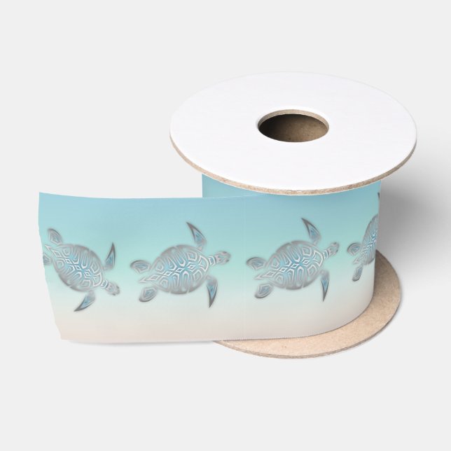 Ruban En Satin Tortues d'argent Turquoise Maritime Nautique Éléga (Bobine)