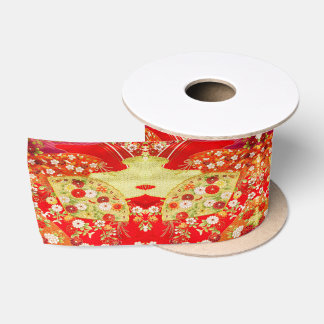 Ruban En Satin Traditional Japanese Kimono  Gold Red Floral 