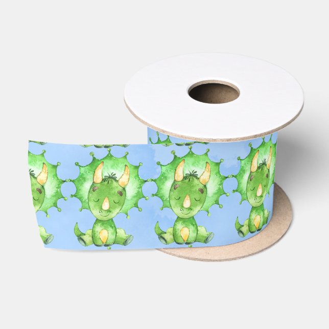 Ruban En Satin Tricératops Peints en Vert Baby shower Garçon (Bobine)