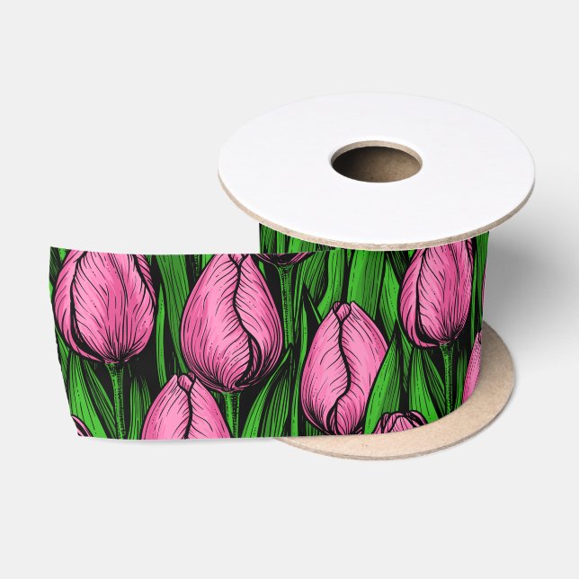 Ruban En Satin Tulières roses avec feuilles verts (Bobine)