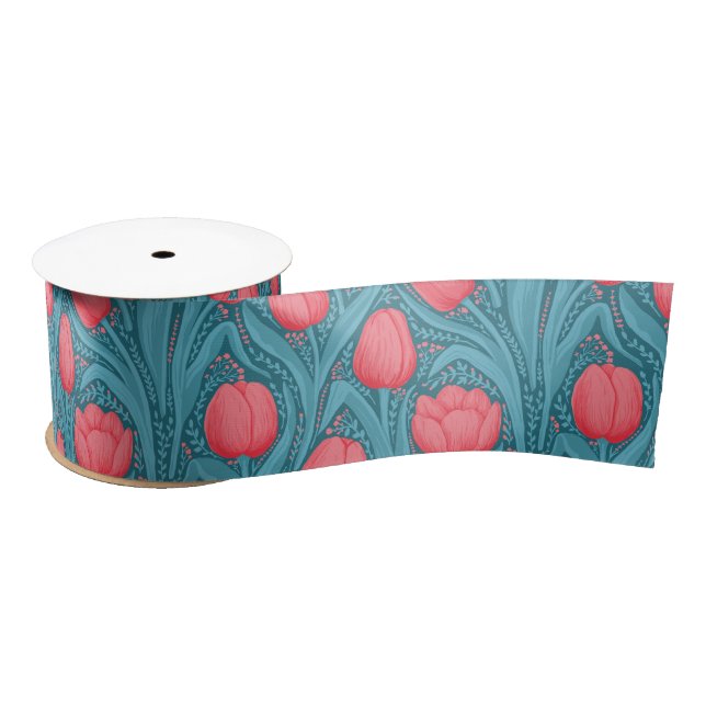 Ruban En Satin Tulipes en bleu et rouge (Bobine)