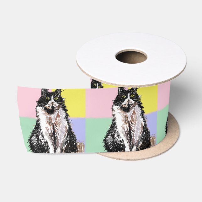 Ruban En Satin Tuxedo Cat Art Cute Pastel Satin Ribbon (Bobine)