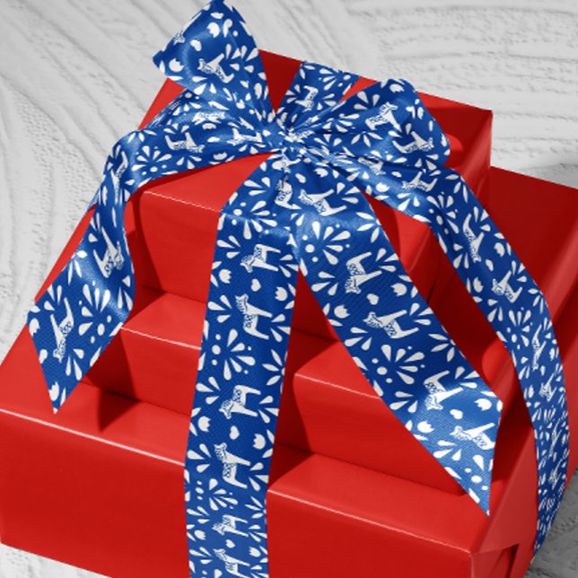 Ruban En Satin Vacances Cheval Suédois Dala Bleu et Blanc (Scandinavian Swedish blue and white Dala horse patterned ribbon)