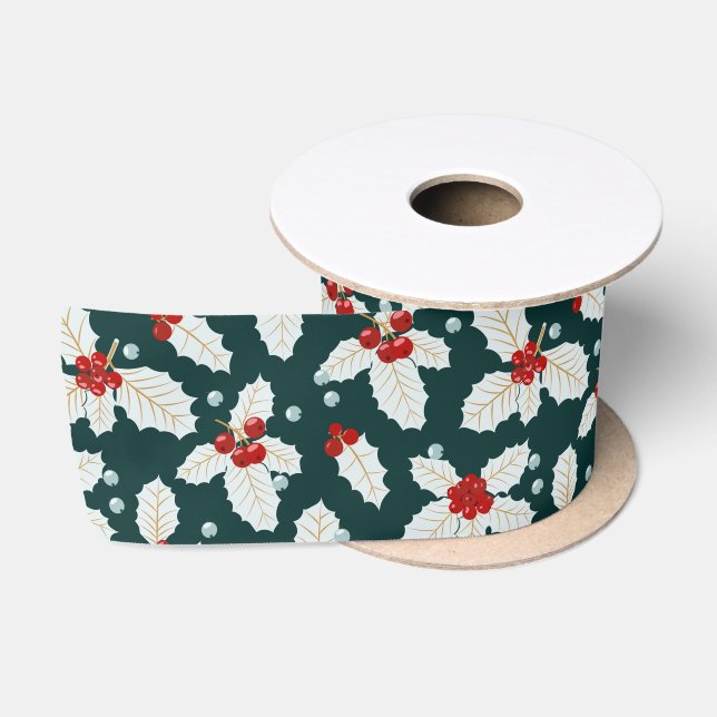 Ruban En Satin Vacances de Noël Holly Green Floral (Bobine)
