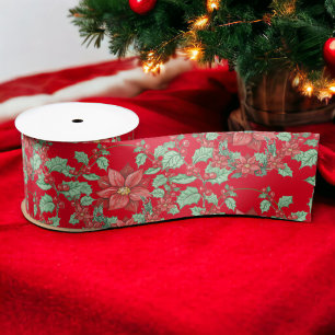 Ruban En Satin Vacances Poinsettia verte rouge
