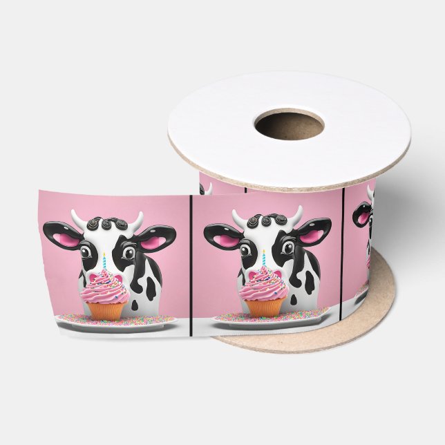 Ruban En Satin Vache Avec Cupcake Anniversaire Sur Rose (Bobine)