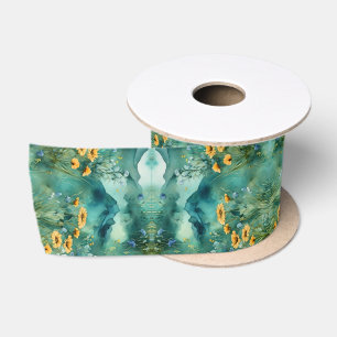 Ruban En Satin Vert doux paysage aquarelle fleurs sauvages