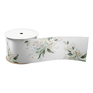 Ruban En Satin Vert feuillage or printemps élégant blanc