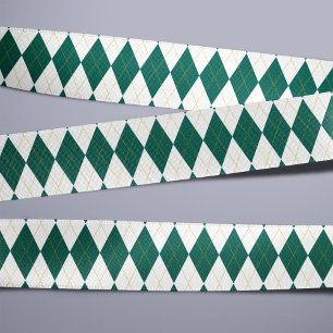 Ruban En Satin Vert Foncé   Doré   Motif de Jacquard Diamant Blan