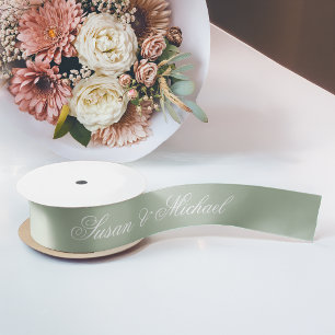 Ruban En Satin Vert sauge Mariage Élégante Calligraphie Script