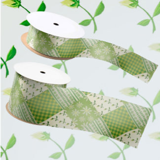 Ruban En Satin Vintage Look Green Yellow Ecru Patchwork 