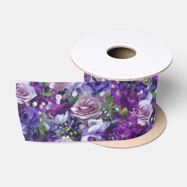 Ruban En Satin Violet Lilac Rose Fleurs Motif de jardin (Bobine)