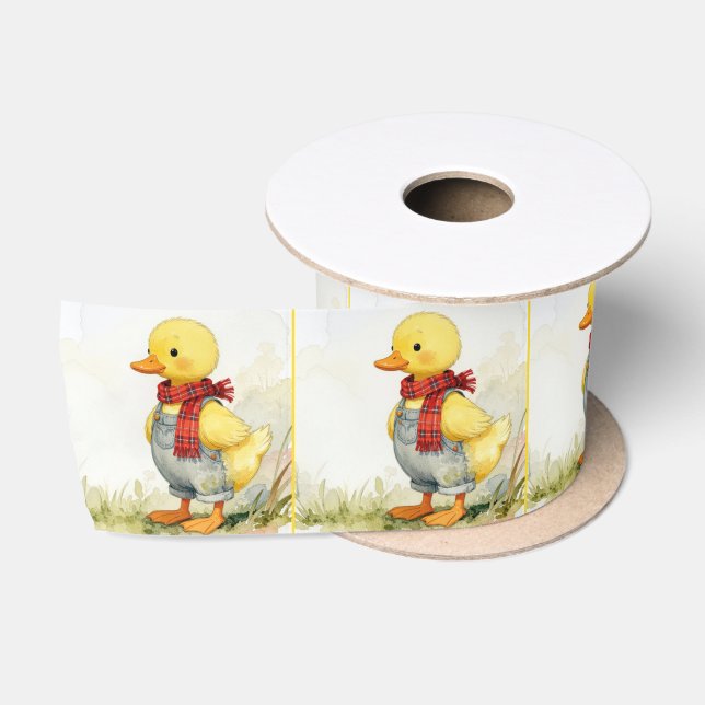 Ruban En Satin Watercolor Duckling Wearing Denim Overalls (Bobine)