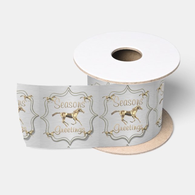 Ruban En Satin Western Gold Horse Sur Argent (Bobine)