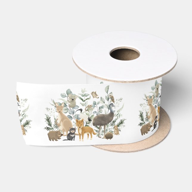 Ruban En Satin Whimsical Australian Animals Eucalyptus Green (Bobine)